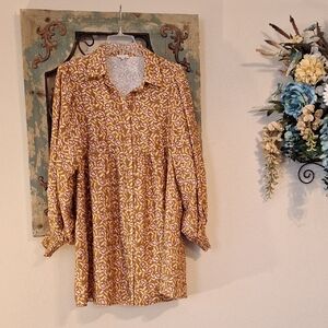 JODIFL Mustard and White Patterned Long Sleeve Dress Great Condition Size  Small